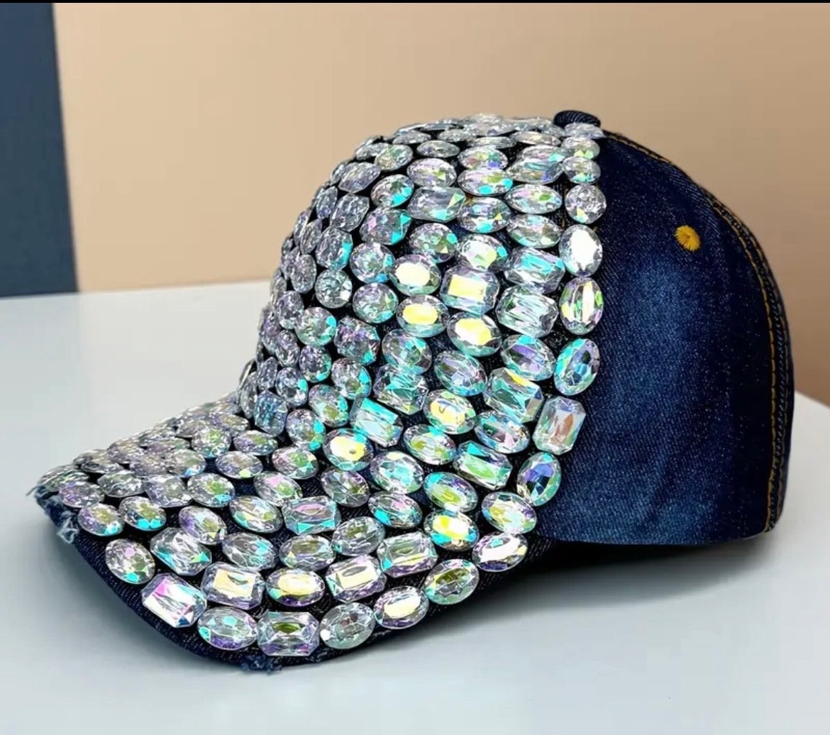 Denim Baseball Cap with Rhinestone Embellishments