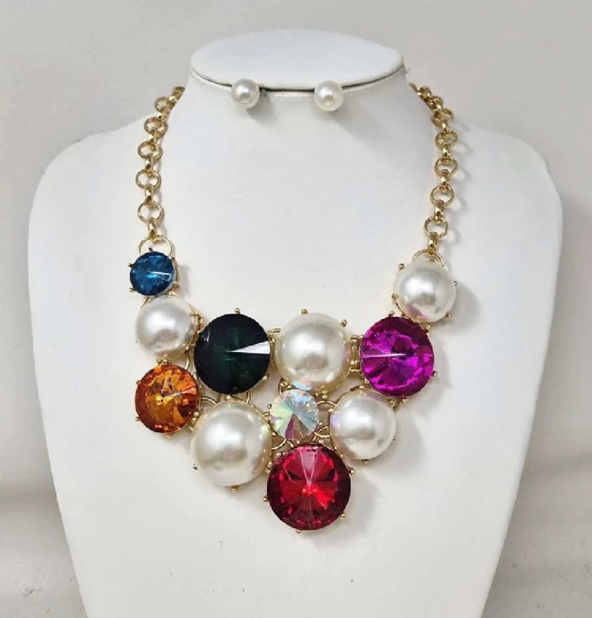Multi-Gem Pearl Necklace and Earring Set