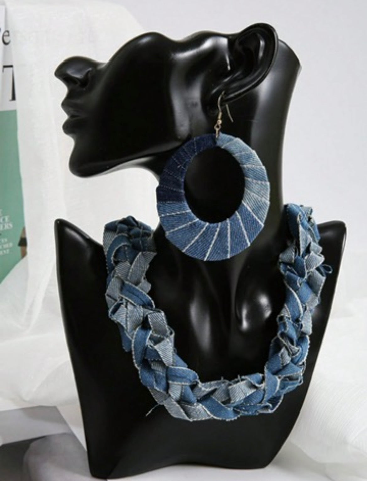 Blue Denim Hoop Earrings and Woven Necklace Set