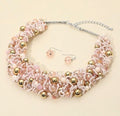 Pink & Gold Beaded Statement Necklace & Earrings Set
