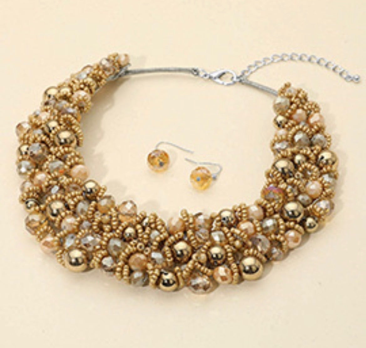 Gold Beaded Statement Necklace & Earrings Set