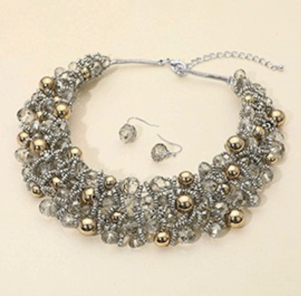 Silver Beaded Statement Necklace & Earrings Set