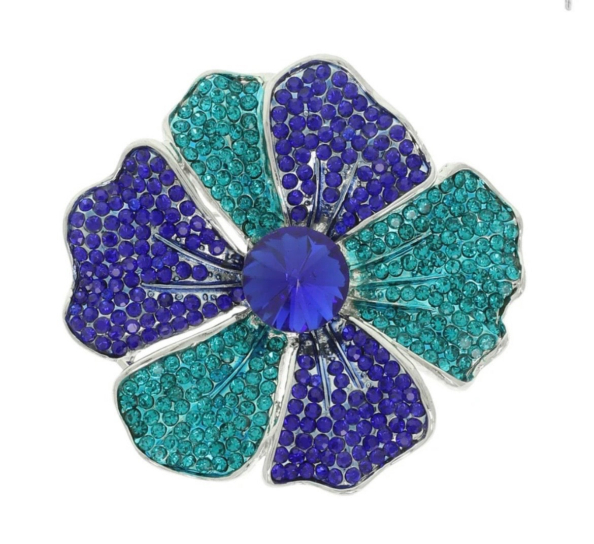 Dazzling Blue and Teal Rhinestone Flower Brooch