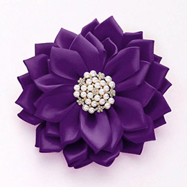 Rich Purple Satin Flower Brooch with Pearl and Crystal Center
