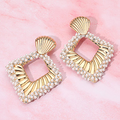 Gold and Pearl Square Drop Earrings